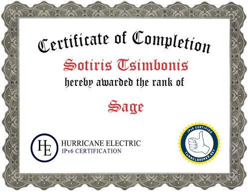 he.net's IPv6 Certificate of Completion for Sotiris Tsimbonis